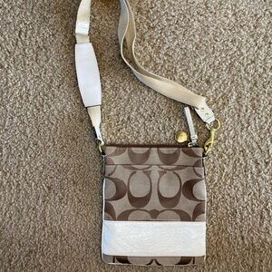 Coach Swingpack Khaki Cream Signature Stripe Leather Handbag